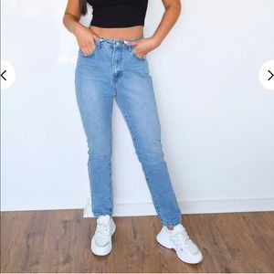Blue high waisted slim straight leg jeans